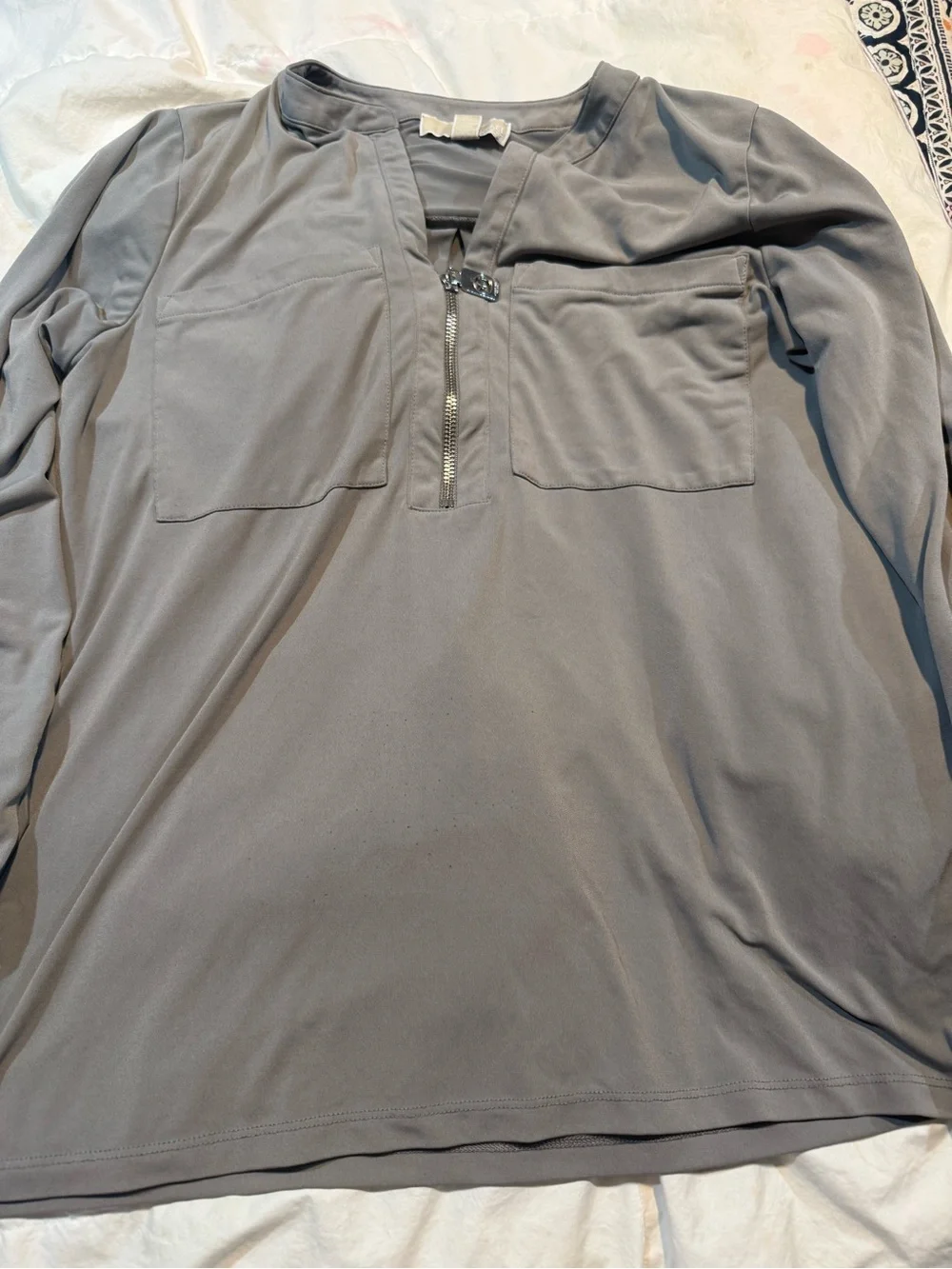 Women’s Michael Kors Long-Sleeve Grey Zip Front Shirt.  Size large.